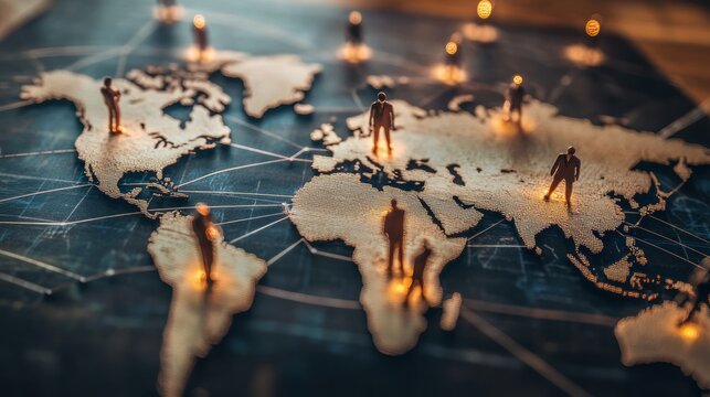 Global network of people connected by lines on a world map