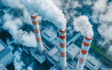 Aerial View of Industrial Power Plant Smokestacks and Pollution