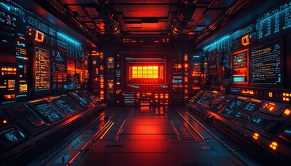 High-Tech Futuristic Control Room Interior with Glowing Data Screens and Smart Control Sys