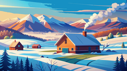 Serene Rural Idaho Winter Landscape with Snowy Fields, Barn, and Mountains © Nayeem