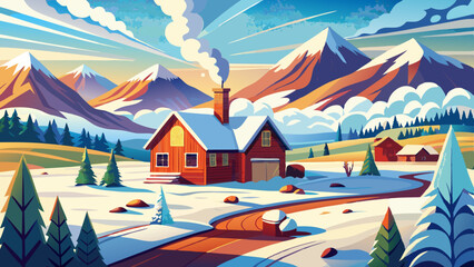 Serene Rural Idaho Winter Landscape with Snowy Fields, Barn, and Mountains