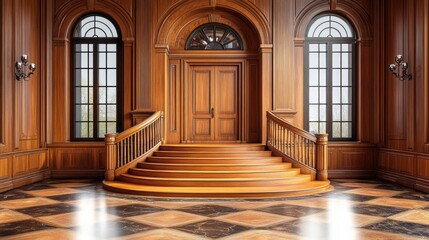 Fototapeta premium Interior hall with wood paneling arched windows and staircase