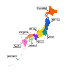 Colorful stylized isolated Japan map separated by regions, with region name