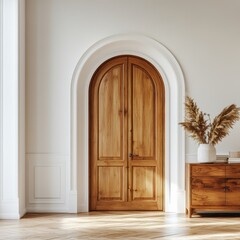 Obraz premium Arched wooden double doors complement a modern interior setting beautifully