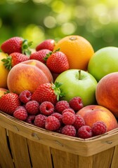 Summer Fruit Basket: Fresh Strawberries, Raspberries, Peaches, and Apples