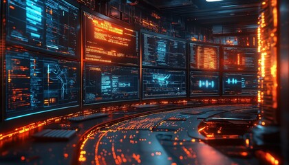 Fototapeta premium Smart Control Room with Glowing Screens Displaying Data and Code Futuristic Technology
