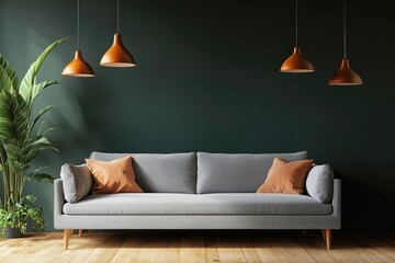 Modern, cozy living room with a deep green wall, gray sofa, and warm lighting