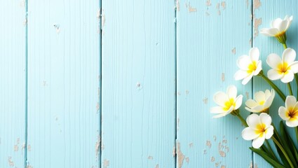 Obraz premium flowers over blue wooden table background. Backdrop with copy space. spring banner, summer banner, flower background, natural background, colorful flowers floral banner.