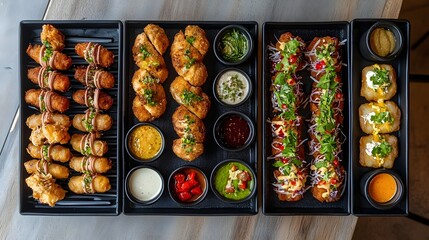 Beautifully crafted and presented high end fried appetizer selection with a trio of delectable dipping sauces showcasing culinary expertise and premium dining experience