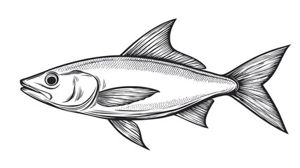 Fototapeta premium A detailed black and white illustration of a fish, rendered in greyscale. The drawing is precise in linework, capturing the texture of the scales and the shape of the fins, with subtle use of shading.