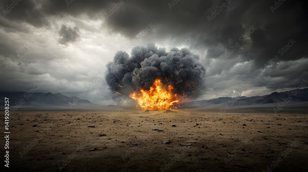 Poster gigantic fireball explosion in an open desert setting with dramatic smoke trails billowing across th