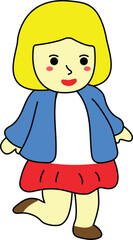Cute Cartoon Girl with Red Skirt and Blue Jacket