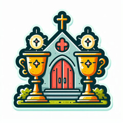 Religious iconography of a church and chalices.