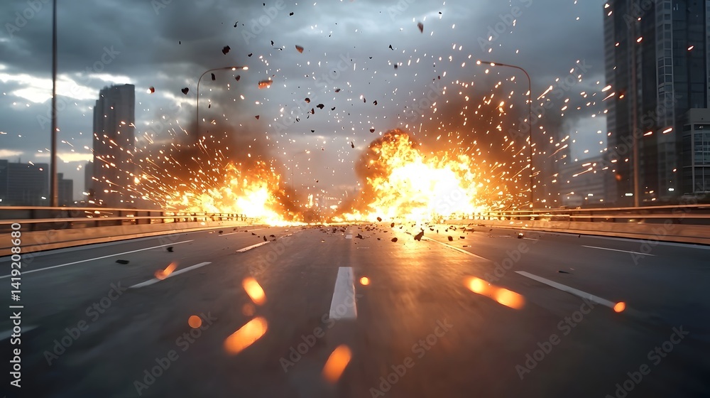 Poster dramatic high speed explosion on a highway with debris and wreckage flying through the air in slow m