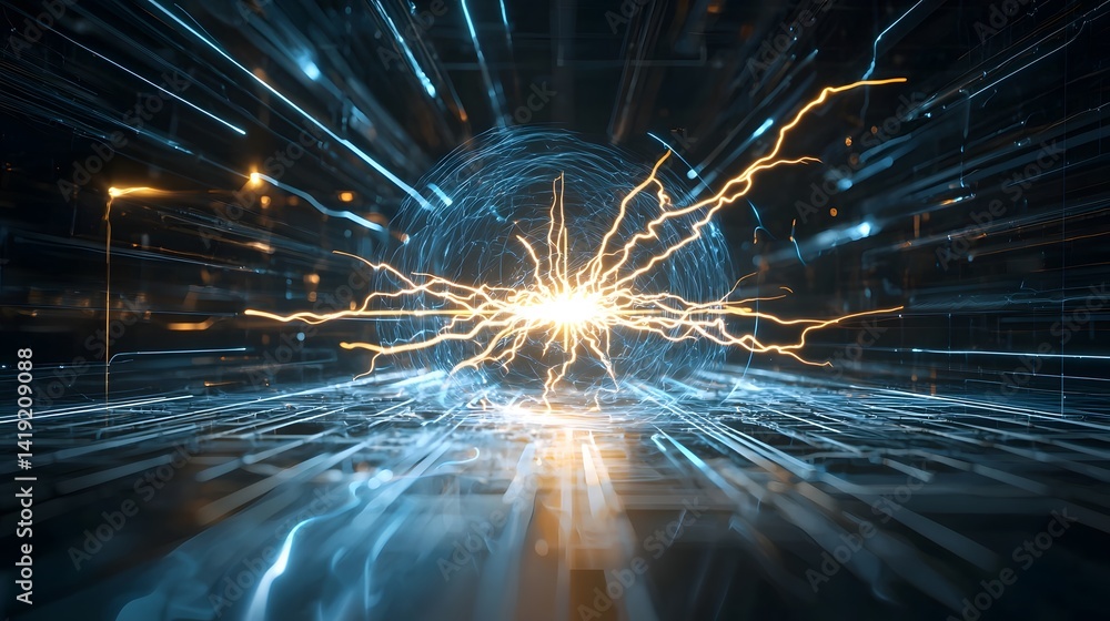 Poster dramatic plasma explosion with bright electrifying electric arcs and undulating pulsating energy wav