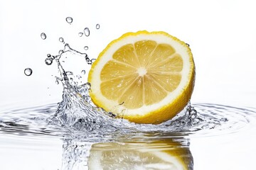 Juicy lemon slice splashing in water.