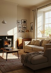 Fototapeta premium Sunlit Beige Living Room Interior with Vintage Sofa and Fireplace
