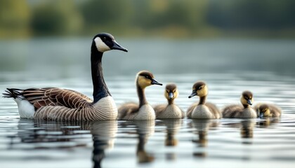 Obraz premium Canada Goose Family: Serene Aquatic Portrait in Soft Light
