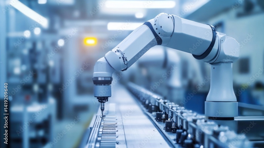 Poster Automated manufacturing process with robotic arm drilling components on a conveyor belt