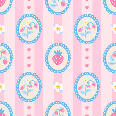 Fototapeta premium Seamless pattern featuring pink strawberries, flowers, and botanical details. Perfect for nursery decor, fabric prints, and girly designs. Sweet, minimal, and stylish