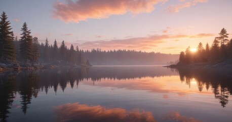 Fototapeta premium Pastel sunset over glassy lake, tranquil scene , sunset, outdoor