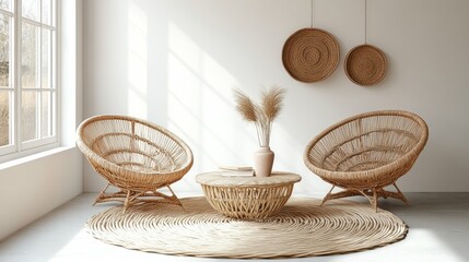 Fototapeta premium Bright and airy living room showcases natural woven furniture
