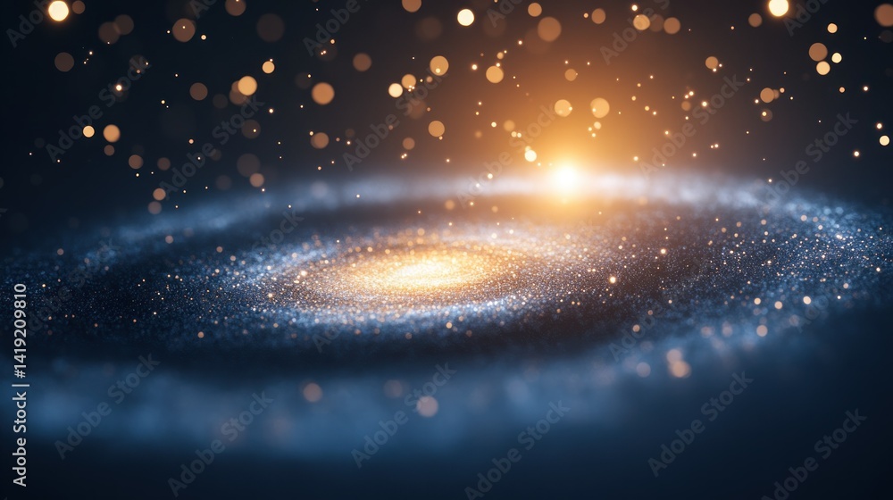 Poster a beautiful spiraling galaxy with sparkling light particles floating around