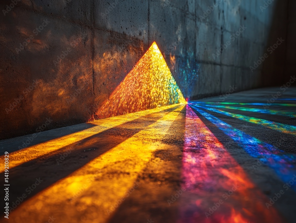 Poster prismatic glow: a spectrum of colors illuminating a concrete wall through a triangular aperture, cas