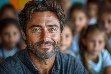 Smiling instructor engages with children during a classroom activity in a vibrant educational setting
