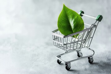 Miniature shopping cart with a vibrant leaf, symbolizing sustainable shopping.