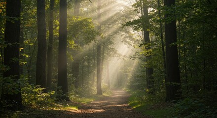 Obraz premium Sunlit Forest Path with Misty Atmosphere
