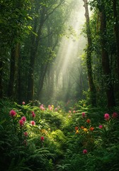 Obraz premium Sunlit Forest Path with Pink Flowers