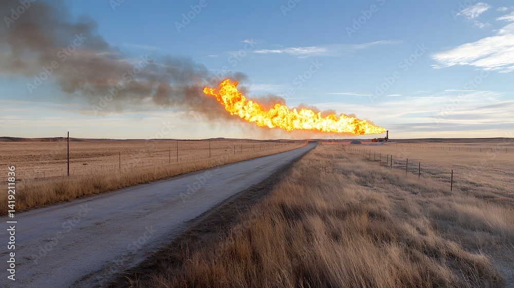 Poster dramatic scene of a massive explosion and raging fire erupting from a gas pipeline with long fiery s
