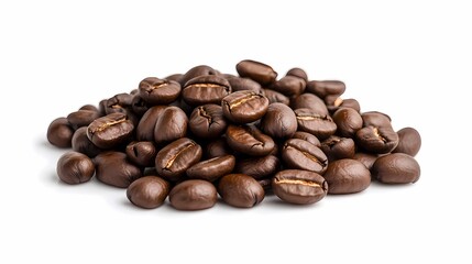 Fototapeta premium Roasted coffee beans pile, studio shot, white background, food photography, beverage ingredient