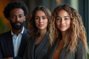 Fototapeta premium Three professionals stand confidently in a modern office space during a daylight meeting