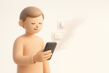 Playful 3D render of a smiling character holding a phone with icons representing messages, alerts, and notifications, symbolizing communication and real-time mobile updates.
