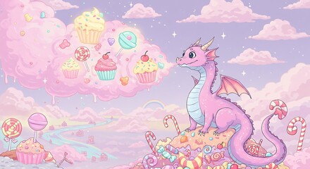 Dragon Illustration on Candy Mountain with Cupcakes in Cloud