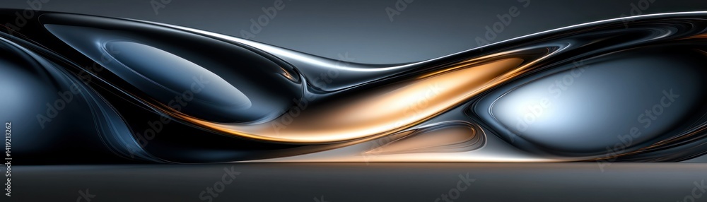 Poster an abstract fluid shape with metallic curves and lighting effects