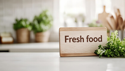 Wooden label Fresh food on table over blurred white kitchen background