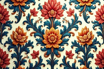 Obraz premium Intricate woven floral damask, elegant swirls and leaves , motif, brocade, fabric