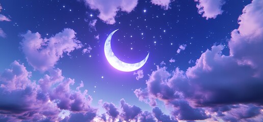 Crescent moon, starry night sky, purple clouds, dreamy background, fantasy