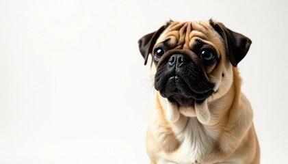 Obraz premium One brown pug, isolated on pure white backdrop Close-up view , breed, closeup, one