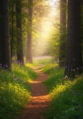 Fototapeta premium Sunlit Path Through a Flower Filled Forest