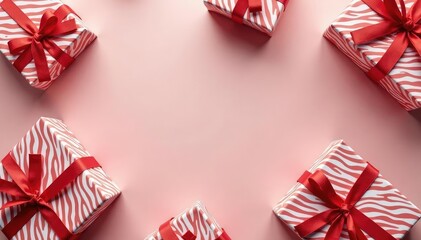 Fototapeta premium Red and white striped gift boxes, cheerful pattern, printable, pattern