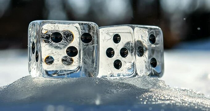 Ice dice on snow, capturing winter's playful essence
