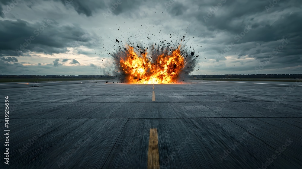Aufkleber dramatic scene of a jet crashing into an empty airfield with a fiery explosion erupting amidst the c
