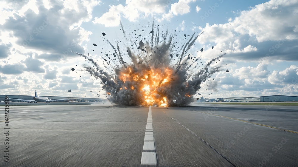 Poster dramatic scene of a jet aircraft crashing and exploding in a fiery blast at an empty abandoned airfi