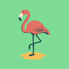 Standing Flamingo Illustration on Sand with Green Background