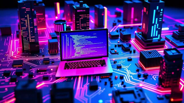 A futuristic cityscape with a laptop displaying code, surrounded by neon lights and digital architecture