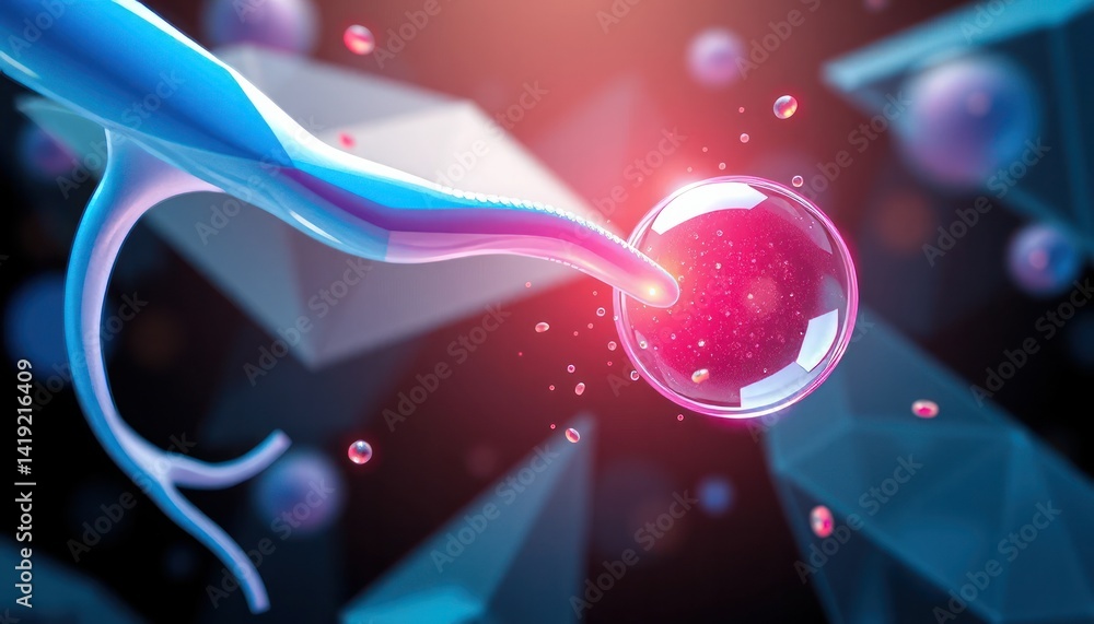 Poster abstract microscopic cell structure with red and blue glow
